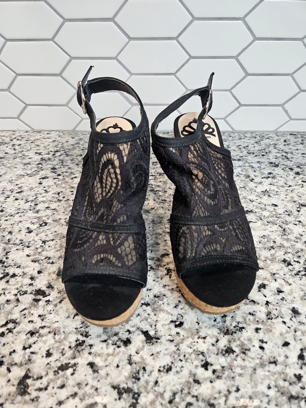 Black Lace Cork Wedge Slingback Sandals - Comfortable Dressy Wedges Size 7.5 - Picture 2 of 7